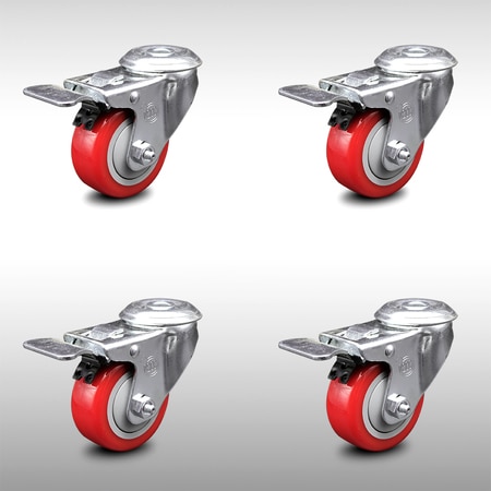 SERVICE CASTER 3.5 Inch SS Red Polyurethane Swivel Bolt Hole Caster Set with Total Lock Brake SCC-SSBHTTL20S3514-PPUB-RED-4
